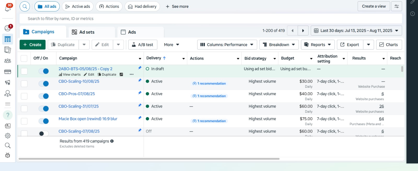 Meta Ads Manager campaigns overview table
