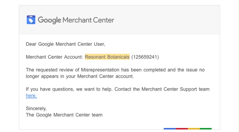 Resonant Botanicals Google Merchant Center review email