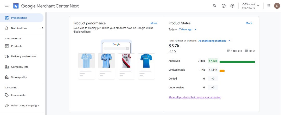 OBS Sport Google Merchant Center dashboard