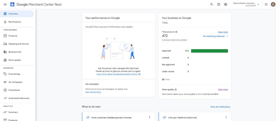 ElectroStatic Innovations Google Merchant Center dashboard
