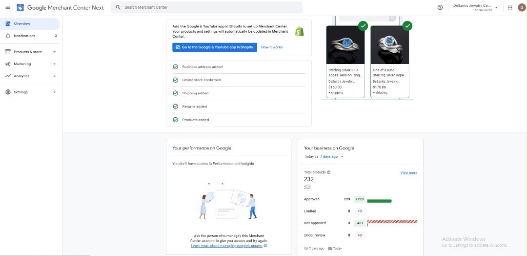 DeSantis Jewelry Co. Google Merchant Center dashboard